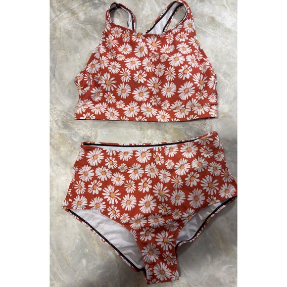 Floral High Waisted Bikini Set Orange Daisy Swimsuit Racerback M - Picture 1 of 8